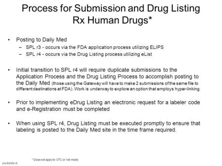 Process for Submission and Drug Listing Rx Human Drugs* Posting to Daily Med –SPL r3 - occurs via the FDA application process utilizing ELIPS –SPL r4 -