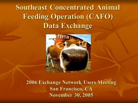 Southeast Concentrated Animal Feeding Operation (CAFO) Data Exchange 2006 Exchange Network Users Meeting San Francisco, CA November 30, 2005.