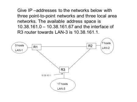 R3 R1 R2 7 hosts LAN-2 17 hosts LAN-3 R3 R1 R2 3 hosts LAN-1 Give IP –addresses to the networks below with three point-to-point networks and three local.
