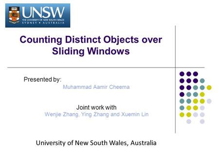 Counting Distinct Objects over Sliding Windows Presented by: Muhammad Aamir Cheema Joint work with Wenjie Zhang, Ying Zhang and Xuemin Lin University of.