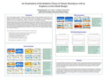 An Examination of the Radiative Fluxes in Various Reanalyses with an Emphasis on the Global Budget Wesley Ebisuzaki 1, S. K. Yang 1,2, Li Zhang 1,2, Arun.