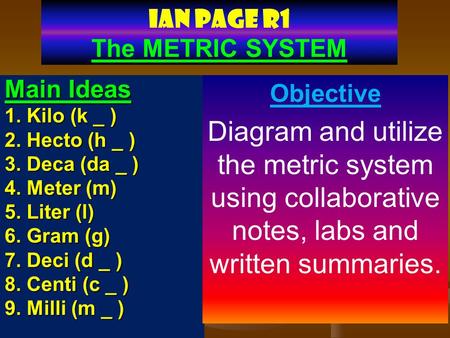 IAN PAGE R1 The METRIC SYSTEM Main Ideas 1. Kilo (k _ ) 2. Hecto (h _ ) 3. Deca (da _ ) 4. Meter (m) 5. Liter (l) 6. Gram (g) 7. Deci (d _ ) 8. Centi (c.