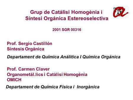 Departament de Química Física i Inorgànica Grup de Catálisi Homogènia i Síntesi Orgánica Estereoselectiva 2001 SGR 00316 Prof. Carmen Claver Organometál.lics.