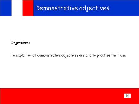 Demonstrative adjectives Objectives: To explain what demonstrative adjectives are and to practise their use.