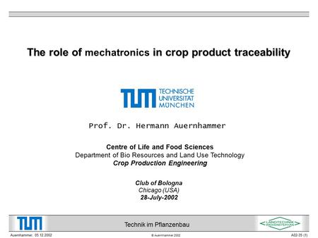 © Auernhammer 2002 The role of in crop product traceability The role of mechatronics in crop product traceability Prof. Dr. Hermann Auernhammer Centre.