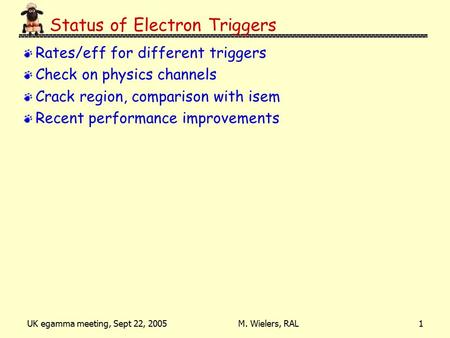 UK egamma meeting, Sept 22, 2005M. Wielers, RAL1 Status of Electron Triggers Rates/eff for different triggers Check on physics channels Crack region, comparison.