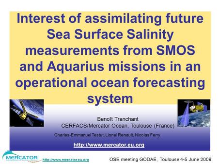 OSE meeting GODAE, Toulouse 4-5 June 2009 Interest of assimilating future Sea Surface Salinity measurements.