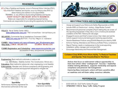 BEST PRACTICES / KEYS TO SUCCESS Assign and support your Motorcycle Safety Representative (MSR) Include MSR on Check-in/out routing – Keep Roster Current!