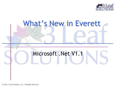 © 2001 3 Leaf Solutions, LLC. All Rights Reserved What’s New in Everett Microsoft.Net V1.1.