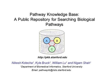 Pathway Knowledge Base: A Public Repository for Searching Biological Pathways Nikesh Kotecha 1, Kyle Bruck 1, William Lu 1 and Nigam Shah 1 1 Department.