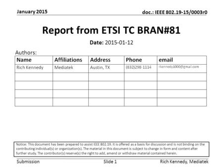 Submission doc.: IEEE 802.19-15/0003r0 January 2015 Rich Kennedy, MediatekSlide 1 Report from ETSI TC BRAN#81 Date: 2015-01-12 Authors: Notice: This document.