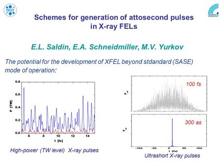Schemes for generation of attosecond pulses in X-ray FELs E.L. Saldin, E.A. Schneidmiller, M.V. Yurkov The potential for the development of XFEL beyond.