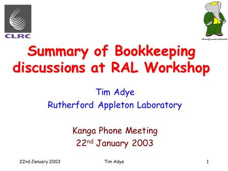 22nd January 2003Tim Adye1 Summary of Bookkeeping discussions at RAL Workshop Tim Adye Rutherford Appleton Laboratory Kanga Phone Meeting 22 nd January.