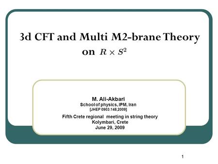 11 3d CFT and Multi M2-brane Theory on M. Ali-Akbari School of physics, IPM, Iran [JHEP 0903:148,2009] Fifth Crete regional meeting in string theory Kolymbari,