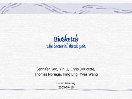 BioSketch The bacterial sketch pad. Jennifer Gao, Yin Li, Chris Doucette, Thomas Noriega, Hing Eng, Yves Wang Group Meeting 2005-07-18.