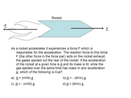 F As a rocket accelerates it experiences a force F which is responsible for the acceleration. The reaction force to this force F (the other force in the.