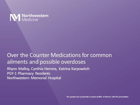 Over the Counter Medications for common ailments and possible overdoses Rhynn Malloy, Cynthia Herrera, Katrina Karpowitch PGY-1 Pharmacy Residents Northwestern.
