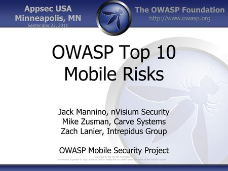 OWASP Top 10 Mobile Risks Appsec USA Minneapolis, MN