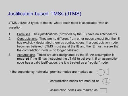 Justification-based TMSs (JTMS) JTMS utilizes 3 types of nodes, where each node is associated with an assertion: 1.Premises. Their justifications (provided.