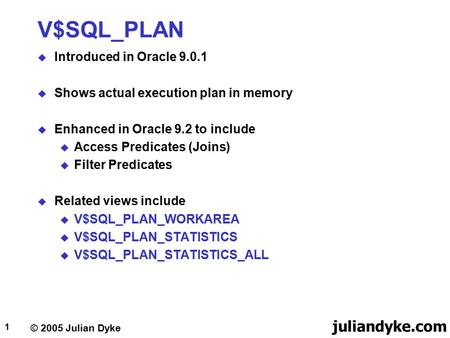 © 2005 Julian Dyke juliandyke.com 1 V$SQL_PLAN  Introduced in Oracle 9.0.1  Shows actual execution plan in memory  Enhanced in Oracle 9.2 to include.
