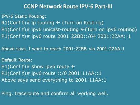 CCNP Network Route IPV-6 Part-III IPV-6 Static Routing: R1(Conf t)# ip routing  (Turn on Routing) R1(Conf t)# ipv6 unicast-routing  (Turn on ipv6 routing)