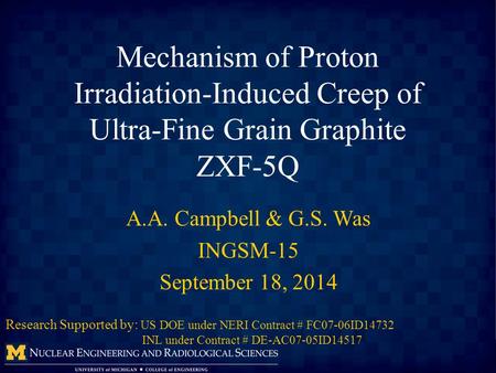 Mechanism of Proton Irradiation-Induced Creep of Ultra-Fine Grain Graphite ZXF-5Q A.A. Campbell & G.S. Was INGSM-15 September 18, 2014 Research Supported.