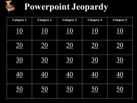 Powerpoint Jeopardy Category 1Category 2Category 3Category 4Category 5 10 20 30 40 50.