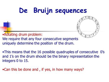 De Bruijn sequences Rotating drum problem: