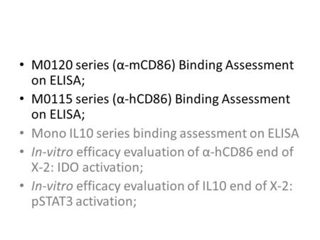 M0120 series (α-mCD86) Binding Assessment on ELISA; M0115 series (α-hCD86) Binding Assessment on ELISA; Mono IL10 series binding assessment on ELISA In-vitro.