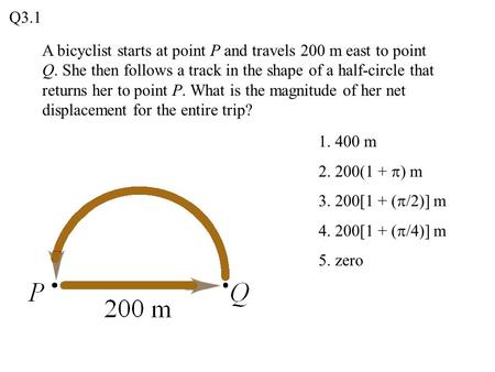 Q3.1 A bicyclist starts at point P and travels 200 m east to point Q. She then follows a track in the shape of a half-circle that returns her to point.