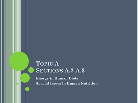 T OPIC A S ECTIONS A.2-A.3 Energy in Human Diets Special Issues in Human Nutrition.