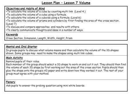 Lesson Plan – Lesson 7 Volume Mental and Oral Starter In groups pupils to discuss what volume means and then calculate the volume of the 3D shapes shown.