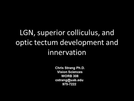 LGN, superior colliculus, and optic tectum development and innervation Chris Strang Ph.D. Vision Sciences WORB 308 975-7222.