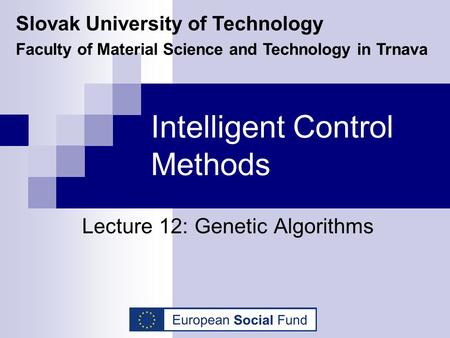Intelligent Control Methods Lecture 12: Genetic Algorithms Slovak University of Technology Faculty of Material Science and Technology in Trnava.