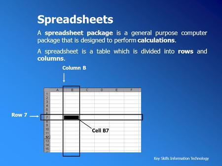 Spreadsheets A spreadsheet package is a general purpose computer package that is designed to perform calculations. A spreadsheet is a table which is divided.