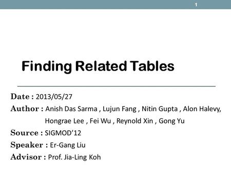Date : 2013/05/27 Author : Anish Das Sarma, Lujun Fang, Nitin Gupta, Alon Halevy, Hongrae Lee, Fei Wu, Reynold Xin, Gong Yu Source : SIGMOD’12 Speaker.