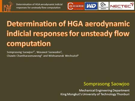 Determination of HGA aerodynamic indicial responses for unsteady flow computation Somprasong Saowjoo King Mongkut’s University of Technology Thonburi Mechanical.