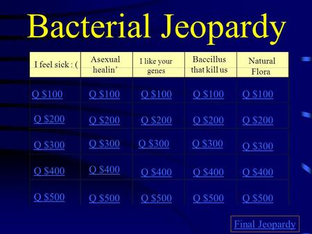 Bacterial Jeopardy I feel sick : ( Asexual healin’ I like your genes Baccillus that kill us Natural Flora Q $100 Q $200 Q $300 Q $400 Q $500 Q $100 Q.