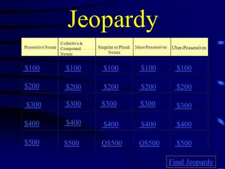 Jeopardy Possessive Nouns Collective & Compound Nouns Singular or Plural Nouns More Possessives Uber-Possessives $100 $200 $300 $400 $500 $100 $200 $300.