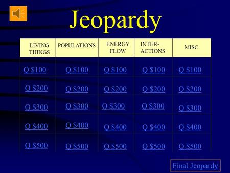 Jeopardy LIVING THINGS POPULATIONS ENERGY FLOW INTER- ACTIONS MISC Q $100 Q $200 Q $300 Q $400 Q $500 Q $100 Q $200 Q $300 Q $400 Q $500 Final Jeopardy.