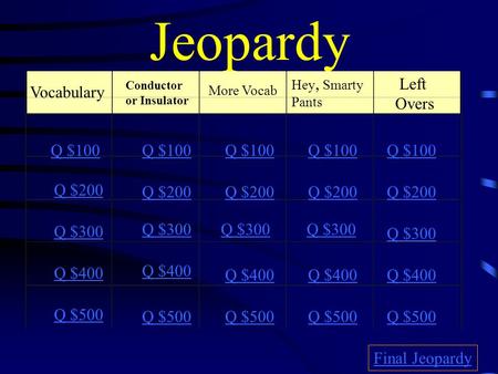 Jeopardy Vocabulary Conductor or Insulator More Vocab Hey, Smarty Pants Left Overs Q $100 Q $200 Q $300 Q $400 Q $500 Q $100 Q $200 Q $300 Q $400 Q $500.