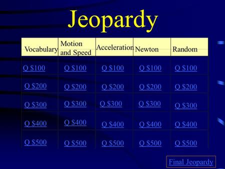 Jeopardy Motion and Speed Acceleration Vocabulary Newton Random Q $100