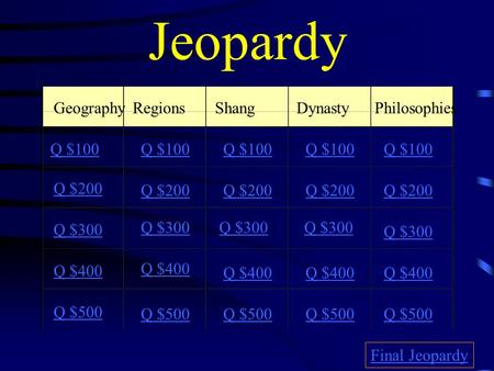Jeopardy GeographyRegionsShangDynastyPhilosophies Q $100 Q $200 Q $300 Q $400 Q $500 Q $100 Q $200 Q $300 Q $400 Q $500 Final Jeopardy.