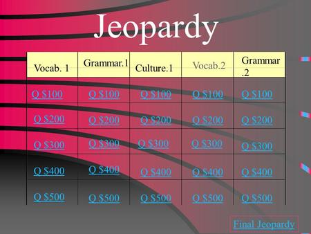 Jeopardy Vocab. 1 Grammar.1 Culture.1 Q $100 Q $200 Q $300 Q $400 Q $500 Q $100 Q $200 Q $300 Q $400 Q $500 Final Jeopardy Vocab.2 Grammar.2.