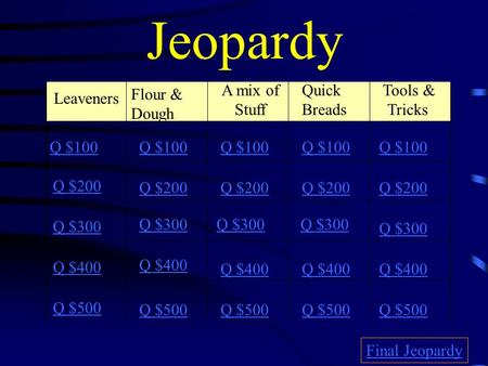 Jeopardy Leaveners Flour & Dough Quick Breads Tools & Tricks Q $100 Q $200 Q $300 Q $400 Q $500 Q $100 Q $200 Q $300 Q $400 Q $500 Final Jeopardy A mix.