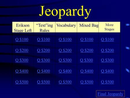 Jeopardy Erikson Stage Left Mixed Bag More Stages Q $100 Q $200 Q $300 Q $400 Q $500 Q $100 Q $200 Q $300 Q $400 Q $500 Final Jeopardy “Text”ing Rules.