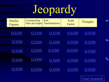 Jeopardy Similar Figures Rule Transformations Scale Factor Triangles Q $100 Q $200 Q $300 Q $400 Q $500 Q $100 Q $200 Q $300 Q $400 Q $500 Final Jeopardy.