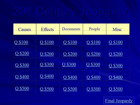 20th Century Jeopardy CausesEffects DocumentsPeople Misc Q $100 Q $200 Q $300 Q $400 Q $500 Q $100 Q $200 Q $300 Q $400 Q $500 Final Jeopardy.