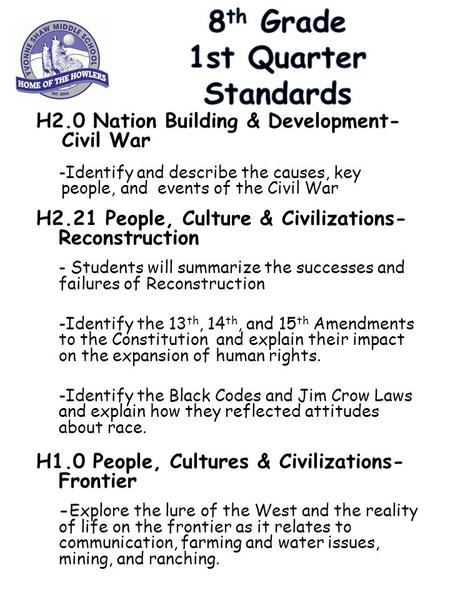 H2.0 Nation Building & Development- Civil War -Identify and describe the causes, key people, and events of the Civil War H2.21 People, Culture & Civilizations-