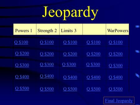 Jeopardy Powers 1Strength 2Limits 3 WarPowers Q $100 Q $200 Q $300 Q $400 Q $500 Q $100 Q $200 Q $300 Q $400 Q $500 Final Jeopardy.